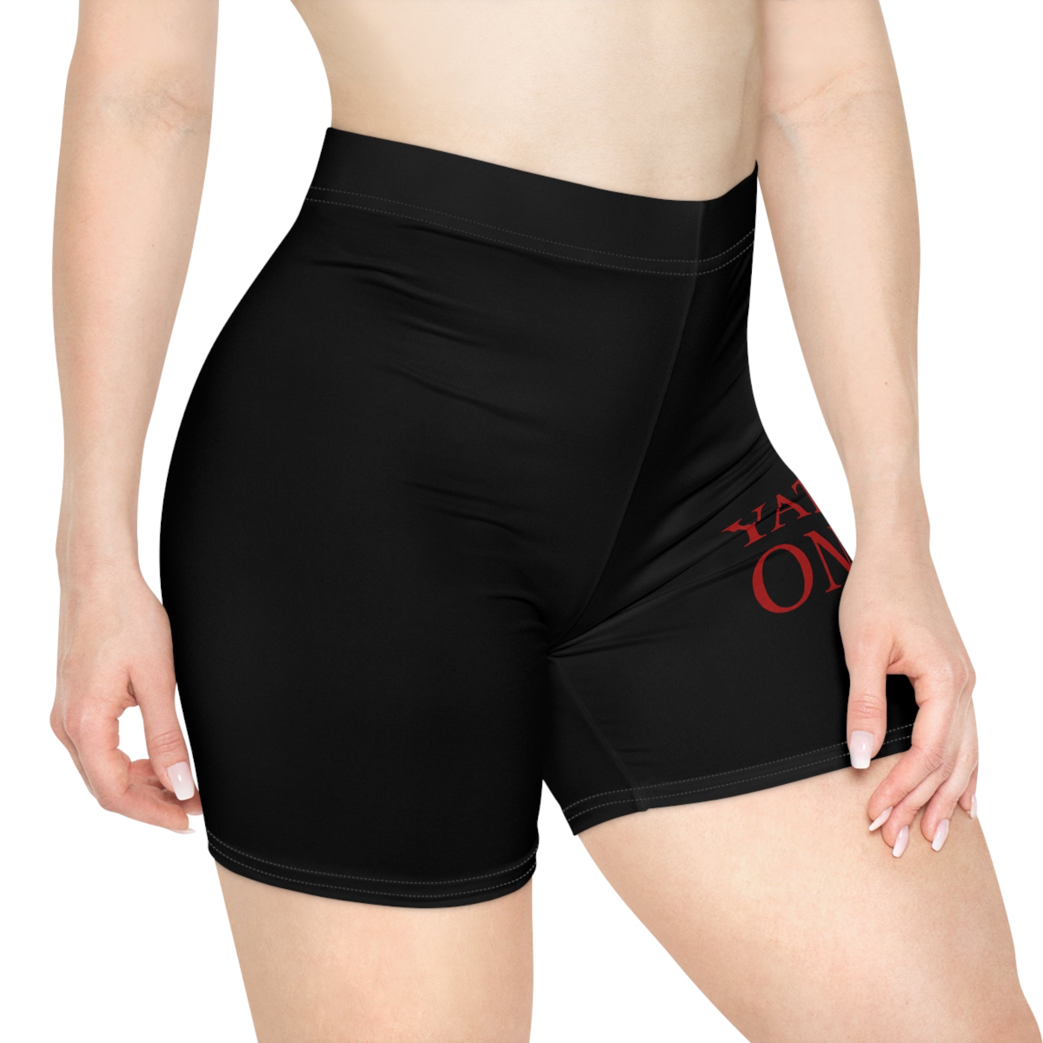 Yata One Biker Shorts – Women's Black Athletic Shorts with Red Text