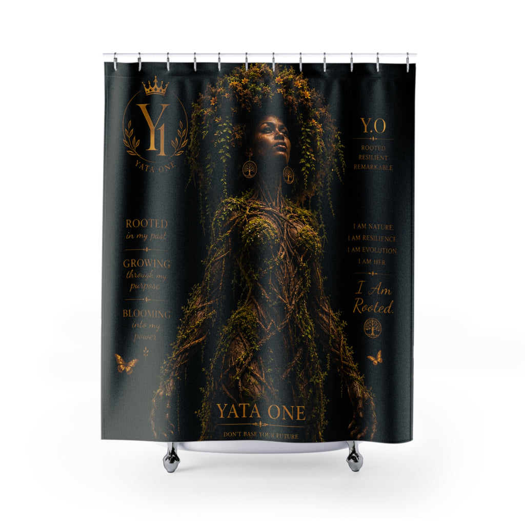 Yata One 'Rooted' Botanical Goddess Shower Curtain — Black & Gold Afrocentric Bathroom Art