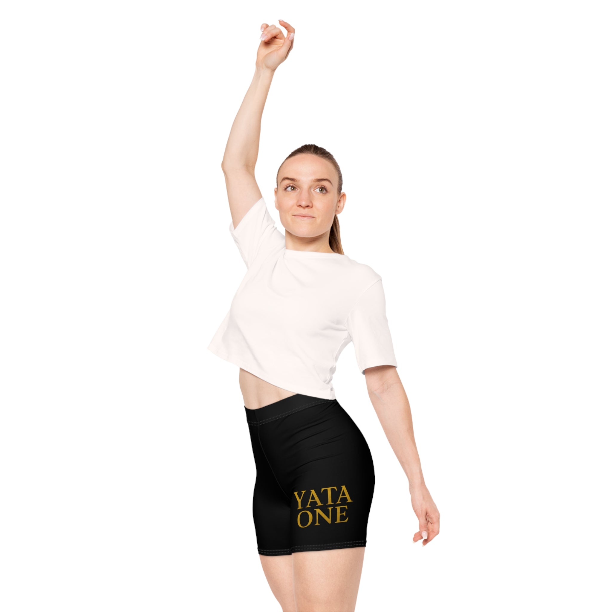 Yata One Women's Biker Shorts — Black Athletic Cycling Shorts with Gold Logo