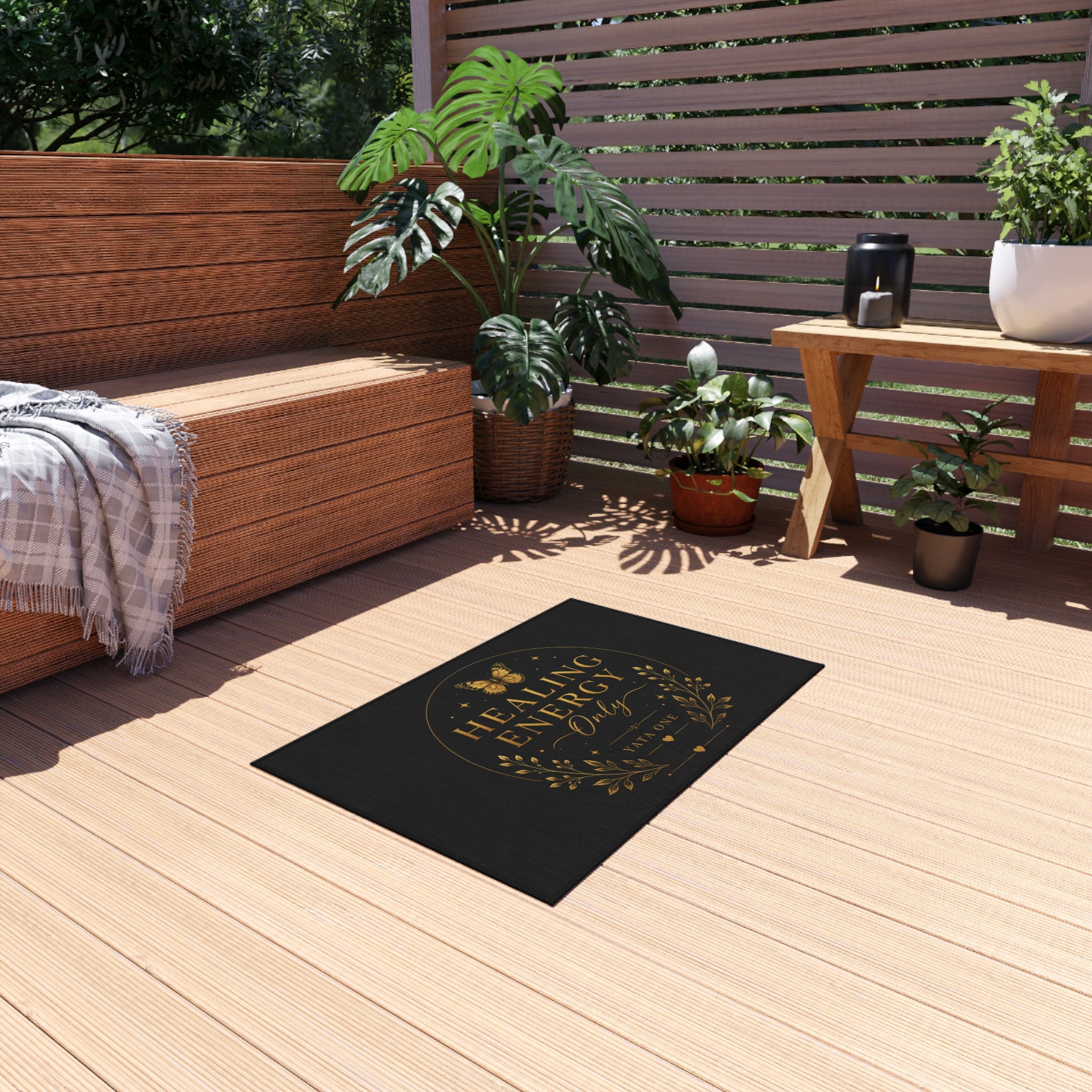 Healing Energy Only Outdoor Rug – Black & Gold Spiritual Doormat