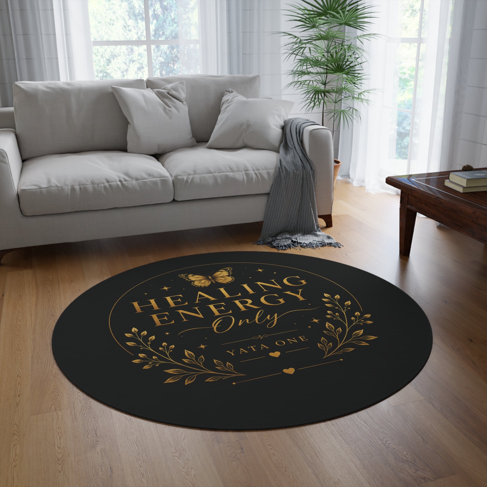 Healing Energy Only Round Rug — Gold Butterfly Boho Meditation Mat
