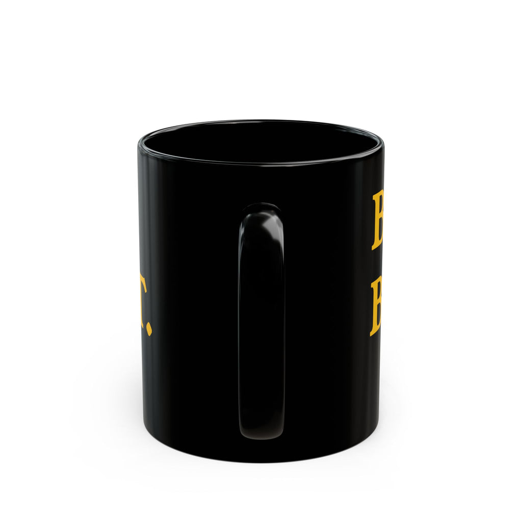 Still Patient Mug — Black Ceramic Coffee Cup with Bold Gold Text