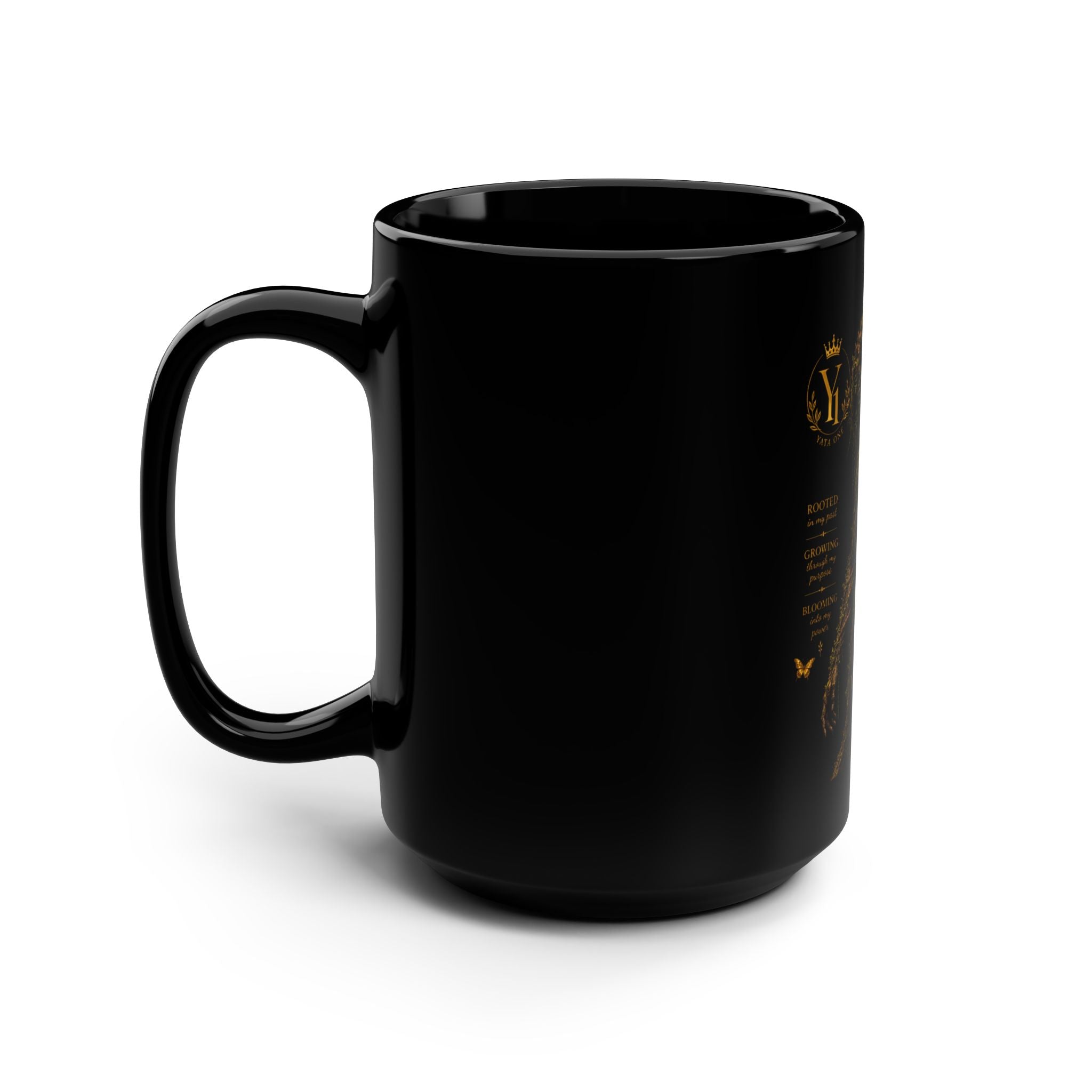 Yata One Black 15oz Mug — "ROOTED" Coffee Cup