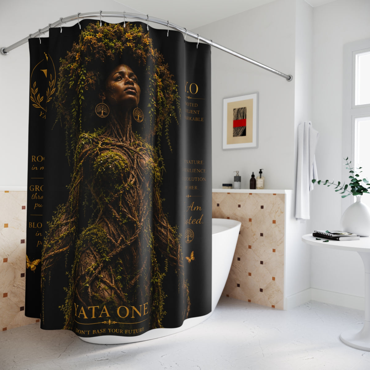Yata One 'Rooted' Botanical Goddess Shower Curtain — Black & Gold Afrocentric Bathroom Art
