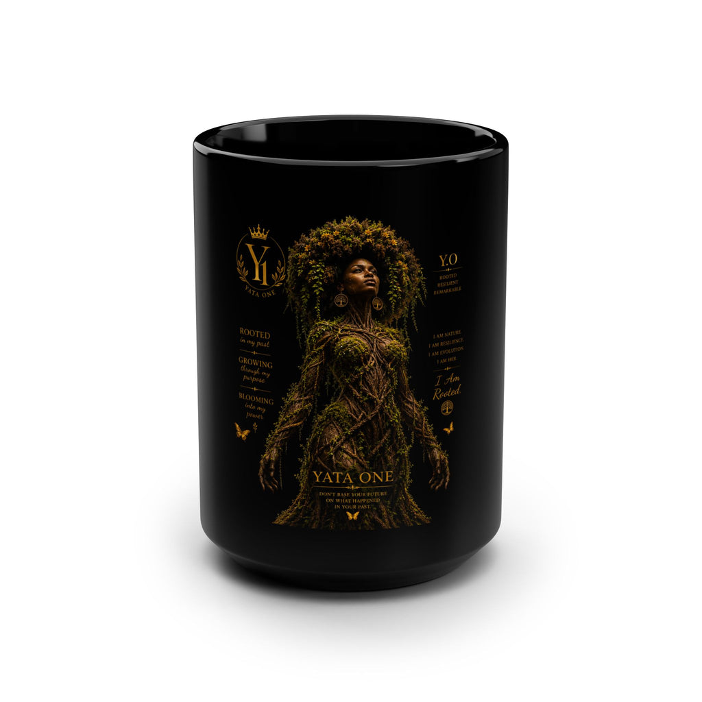 Yata One Black 15oz Mug — "ROOTED" Coffee Cup