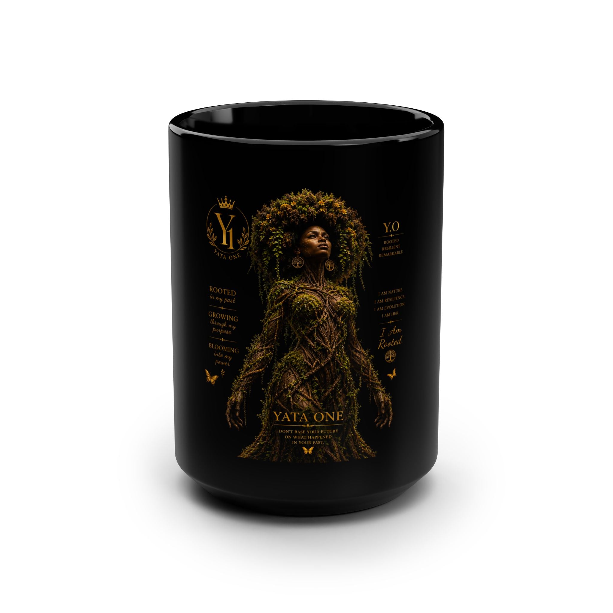 Yata One Black 15oz Mug — "ROOTED" Coffee Cup