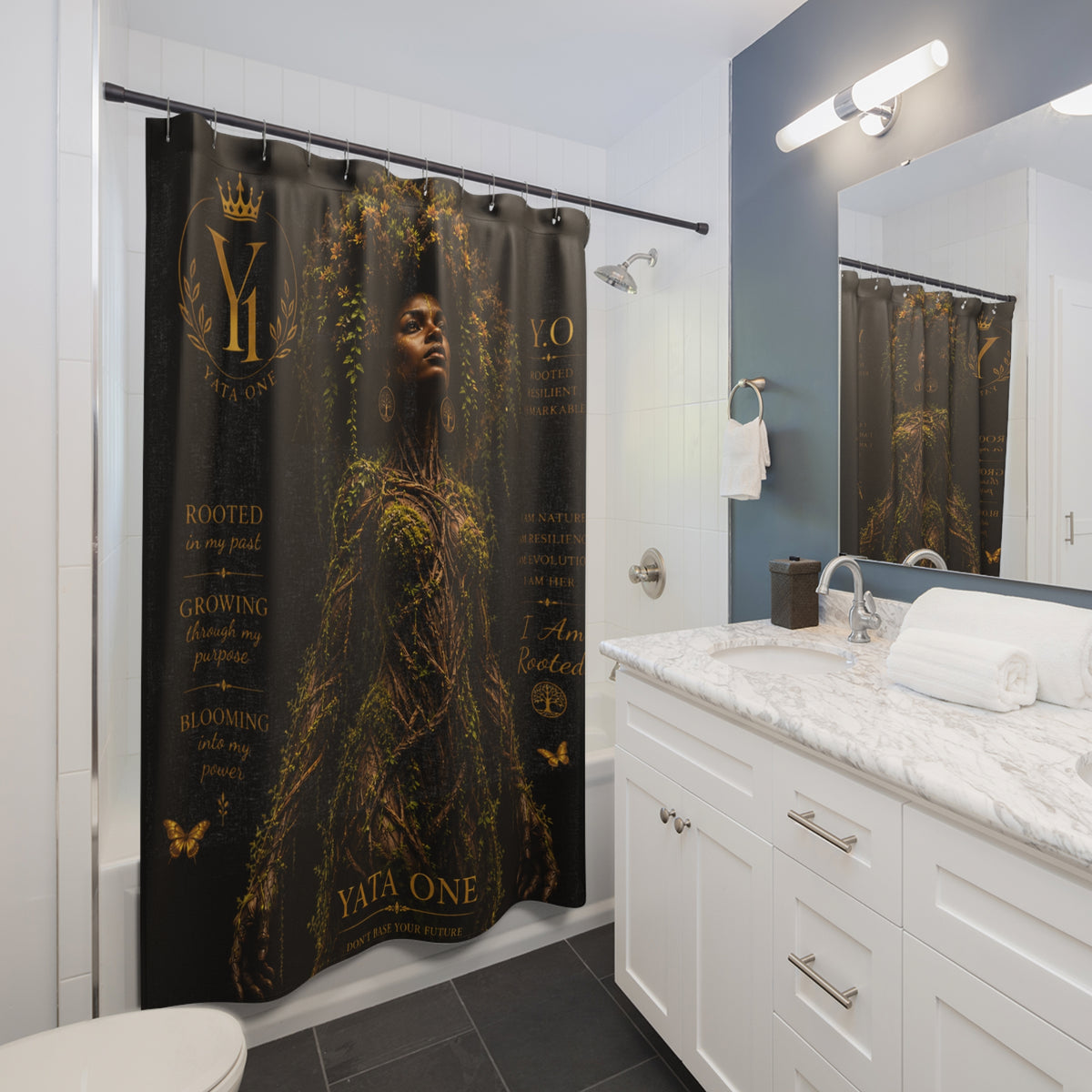 Yata One 'Rooted' Botanical Goddess Shower Curtain — Black & Gold Afrocentric Bathroom Art