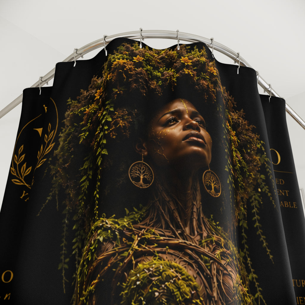 Yata One 'Rooted' Botanical Goddess Shower Curtain — Black & Gold Afrocentric Bathroom Art