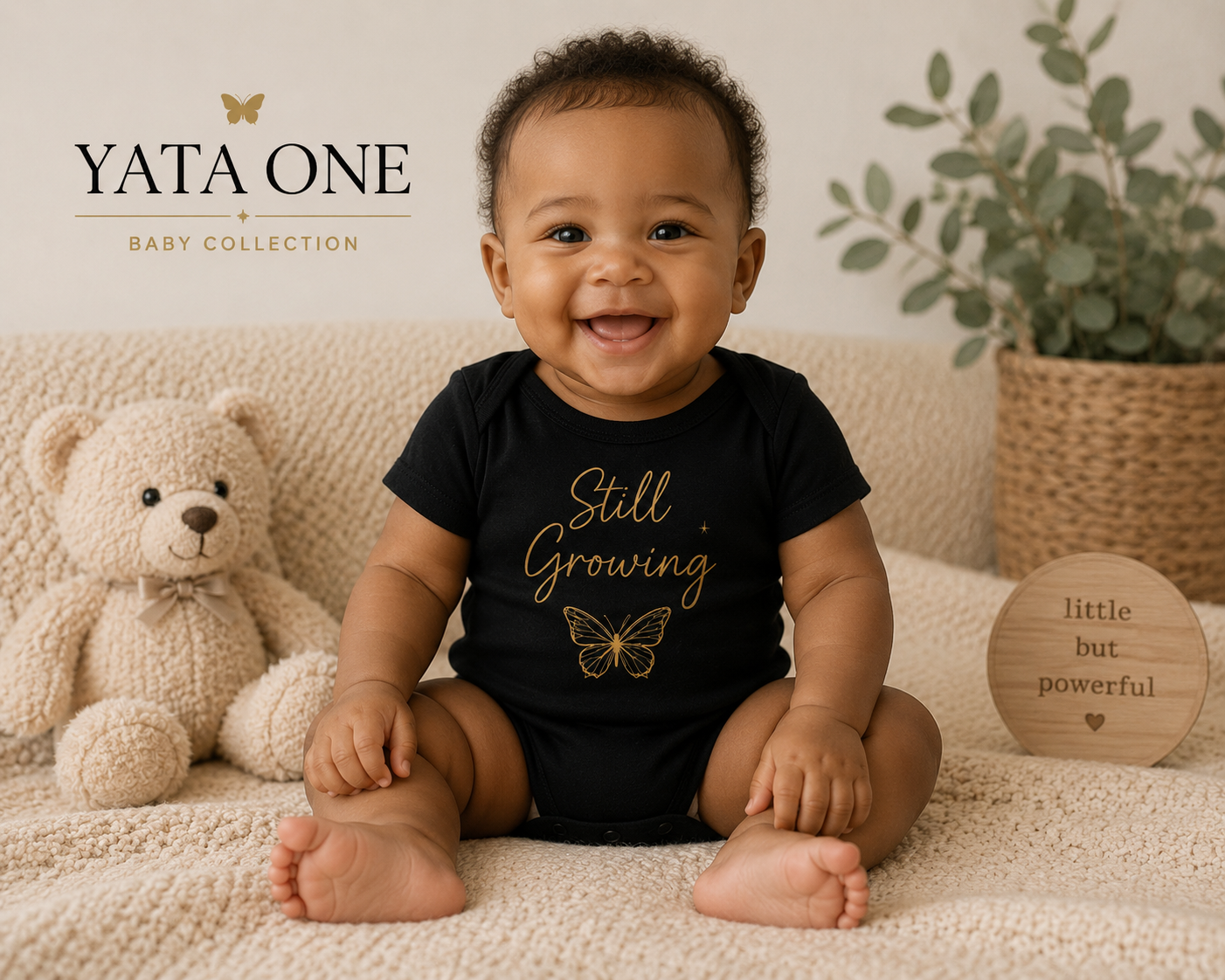 Still Growing Black and Gold Baby Onesie | YATA ONE