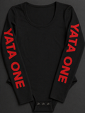 YATA ONE Signature Long Sleeve Bodysuit – Black with Red Sleeve Print