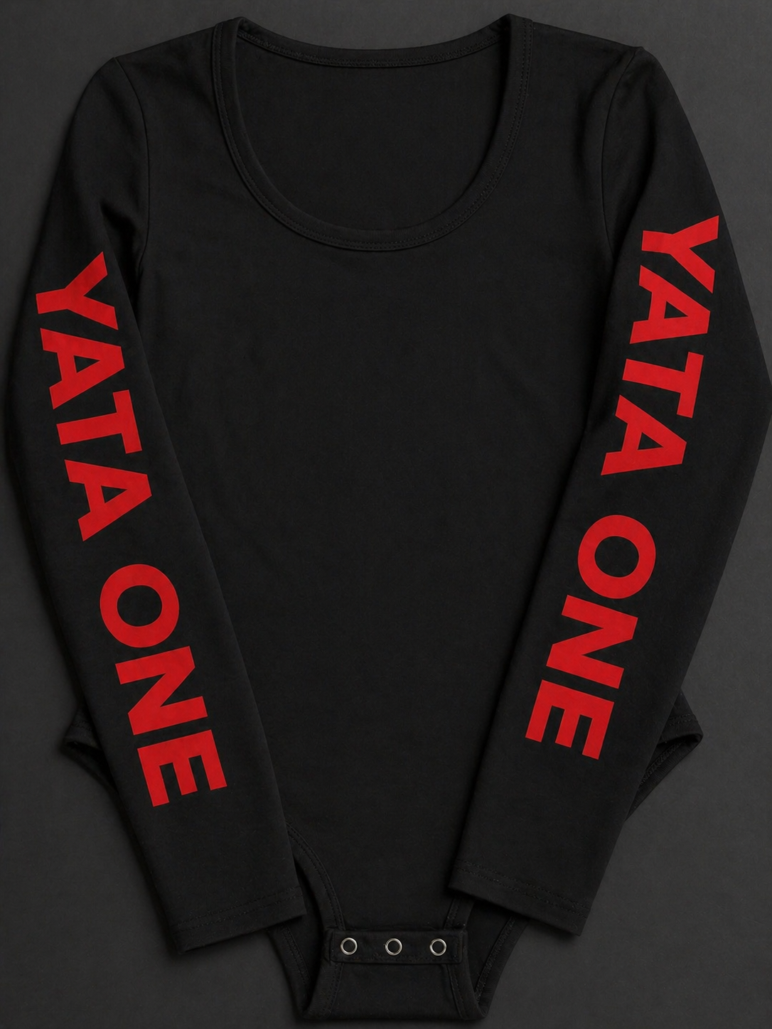 YATA ONE Signature Long Sleeve Bodysuit – Black with Red Sleeve Print