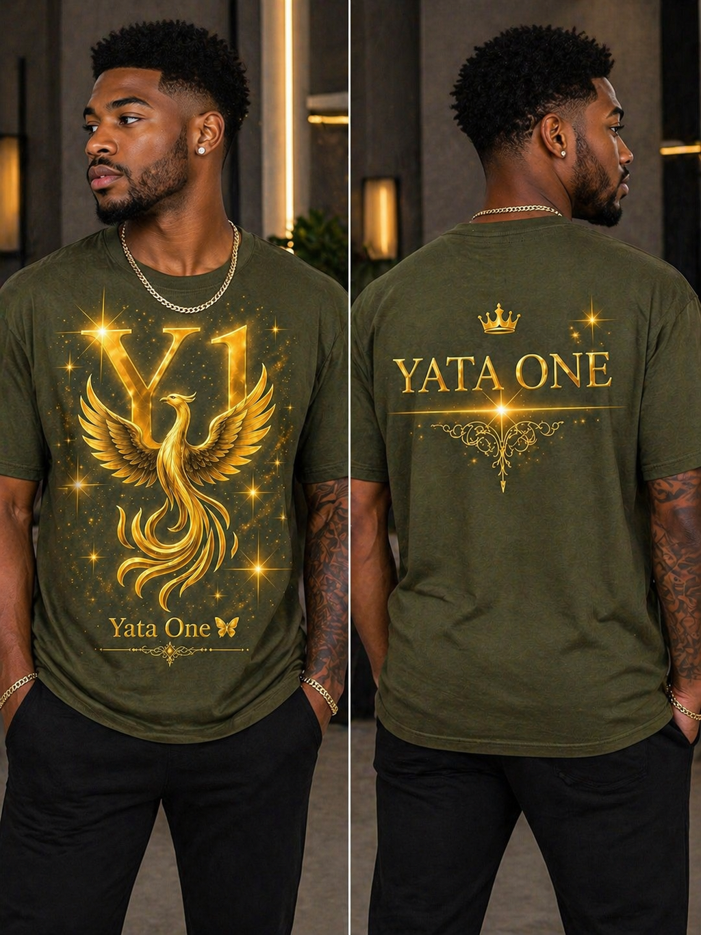 YATA ONE "Rebirth" Phoenix Tee - Olive Green and Gold