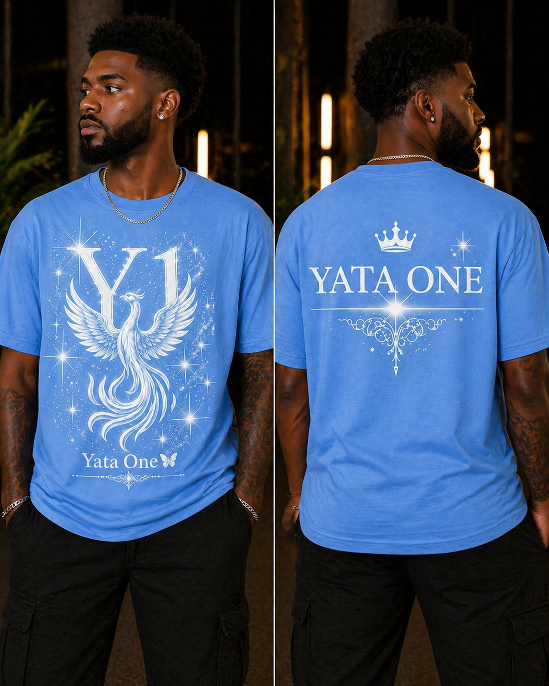 YATA ONE "Rebirth" Phoenix Tee-Sky BlueRise into your next chapter with the Rebirth Phoenix Tee — Sky Blue & White