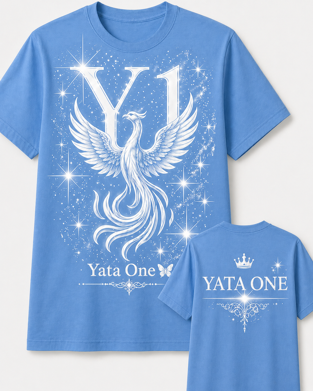 YATA ONE "Rebirth" Phoenix Tee-Sky BlueRise into your next chapter with the Rebirth Phoenix Tee — Sky Blue & White