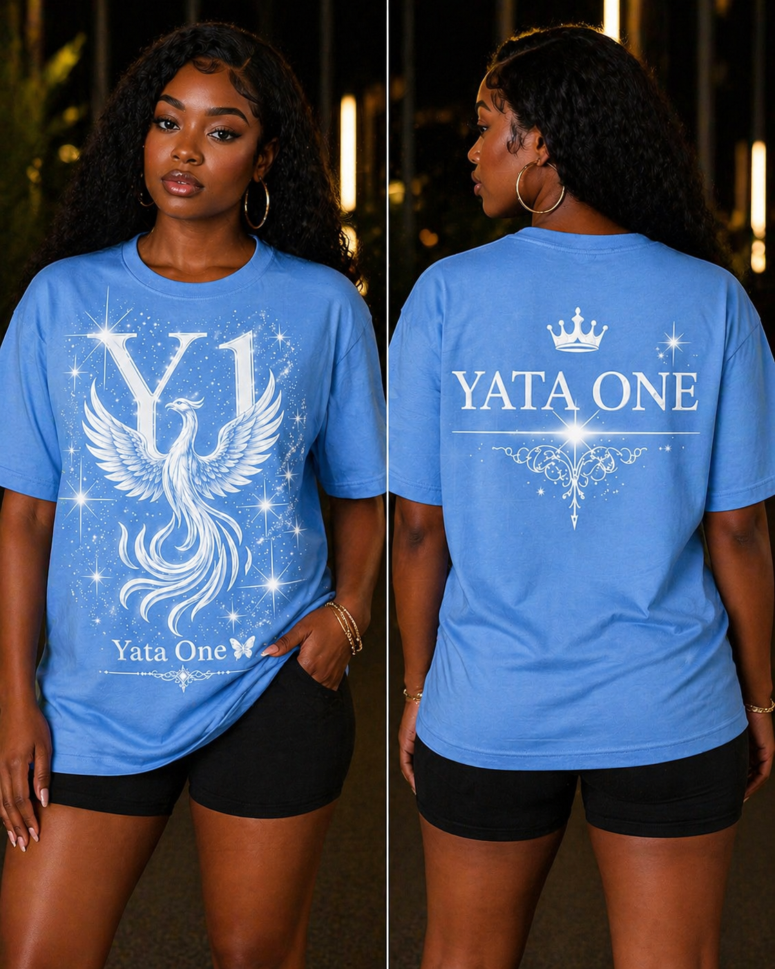 YATA ONE "Rebirth" Phoenix Tee-Sky BlueRise into your next chapter with the Rebirth Phoenix Tee — Sky Blue & White