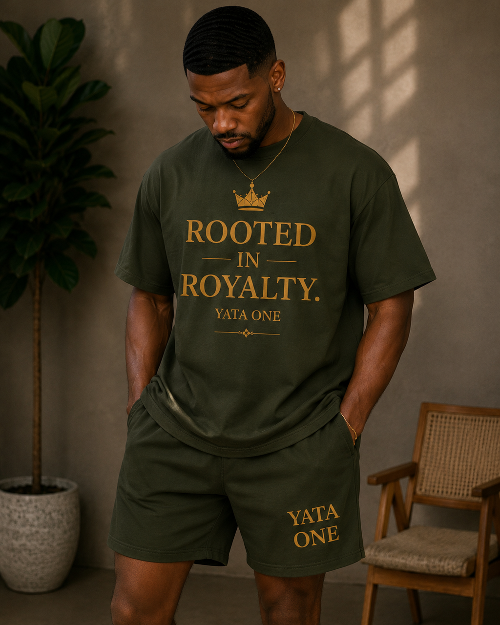 Yata One Olive Men's Jogger Shorts — Casual Athletic Lounge Shorts with Logo